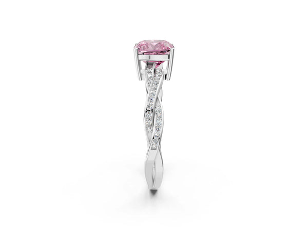 White gold Fancy Pink Cushion  Solitaire Twisted Pave Diamond Ring with Four-Prong Setting