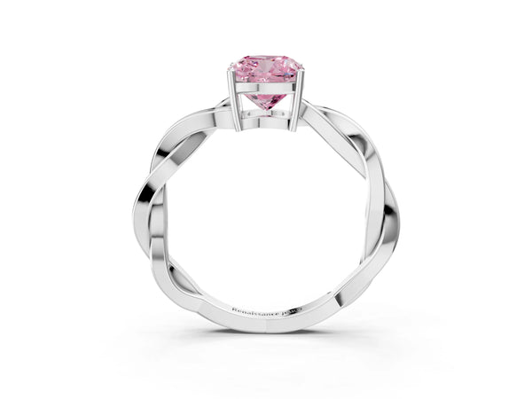 White gold Fancy Pink Cushion  Solitaire Twisted Pave Diamond Ring with Four-Prong Setting