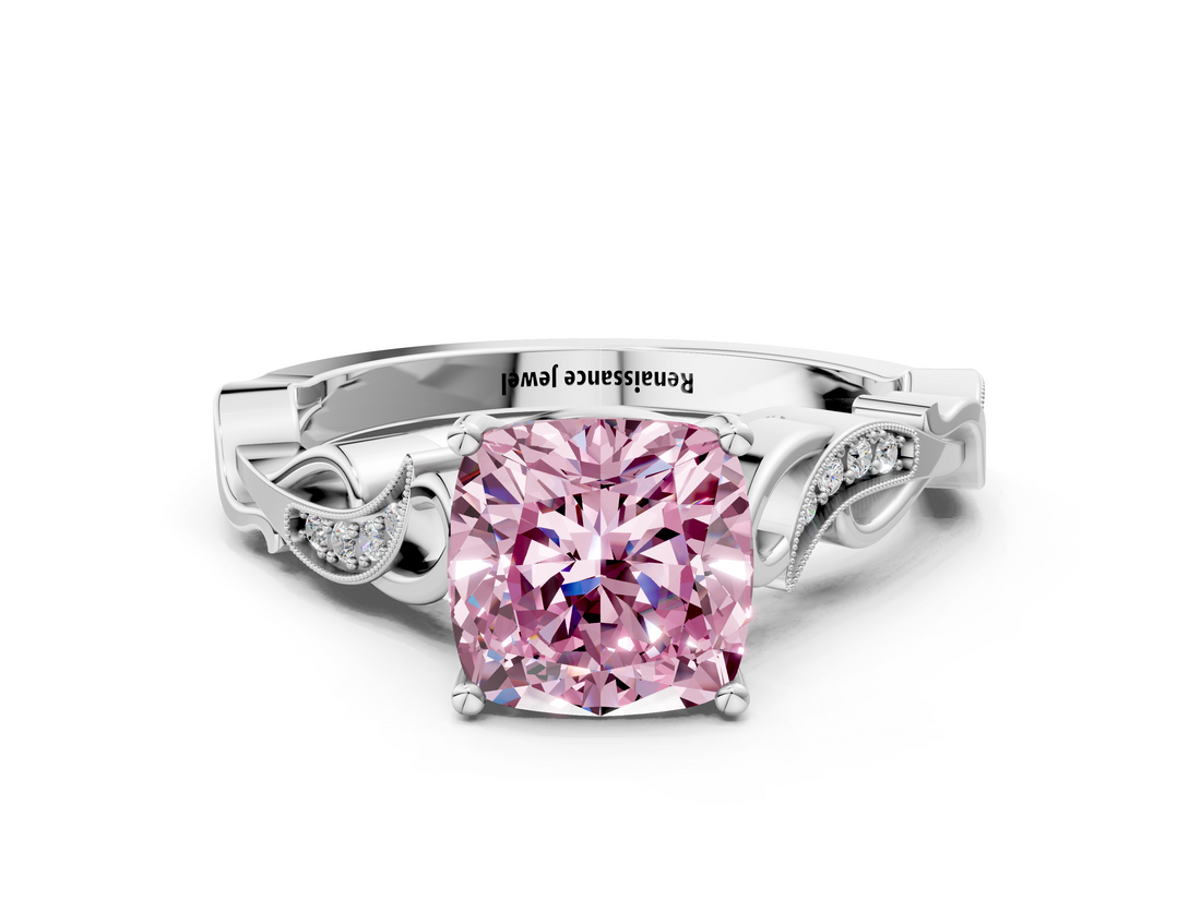 White gold Fancy Pink Cushion  Solitaire Vine Band with Milgrain Prong Setting_3