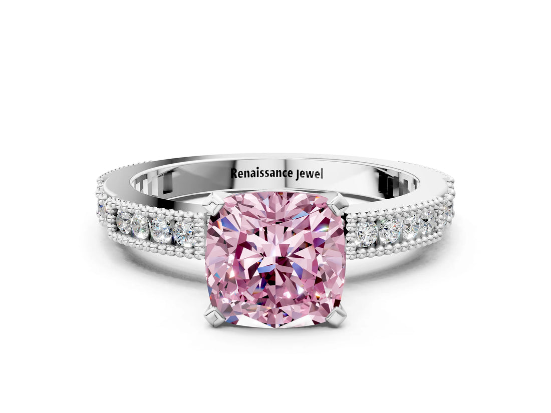White gold Fancy Pink Cushion  Solitaire with Pavé Band and Four-Prong Setting_319