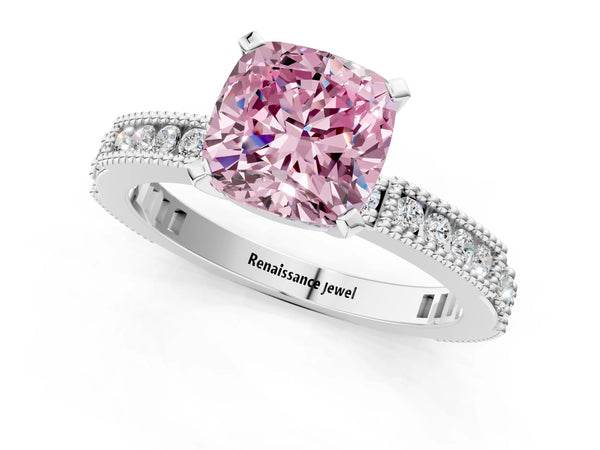 White gold Fancy Pink Cushion  Solitaire with Pavé Band and Four-Prong Setting