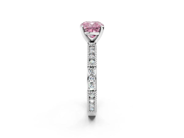 White gold Fancy Pink Cushion  Solitaire with Pavé Band and Four-Prong Setting
