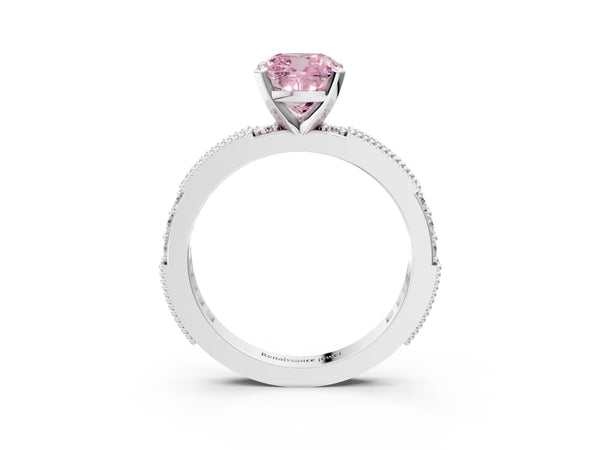 White gold Fancy Pink Cushion  Solitaire with Pavé Band and Four-Prong Setting