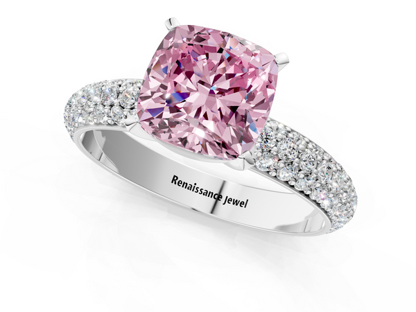 Platinum Fancy Pink Cushion  Diamond Solitaire Ring with Prong Setting and Pavé Band
