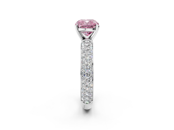 Platinum Fancy Pink Cushion  Diamond Solitaire Ring with Prong Setting and Pavé Band