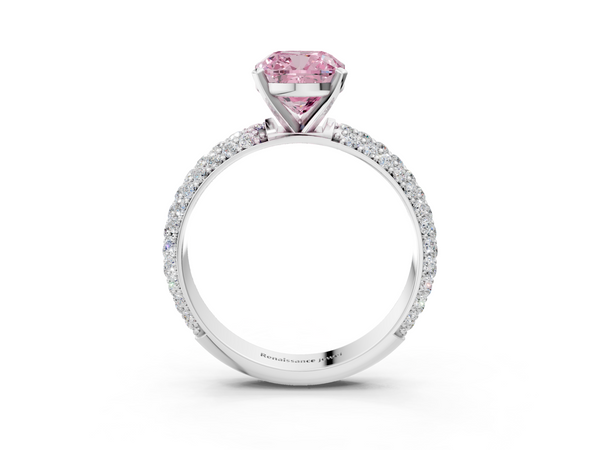 Platinum Fancy Pink Cushion  Diamond Solitaire Ring with Prong Setting and Pavé Band