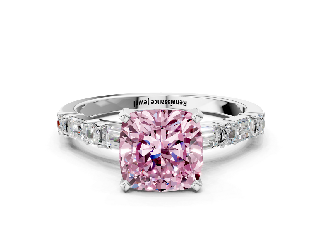 White gold Fancy Pink Cushion  Solitaire with Side Baguettes and Channel Set Band_64