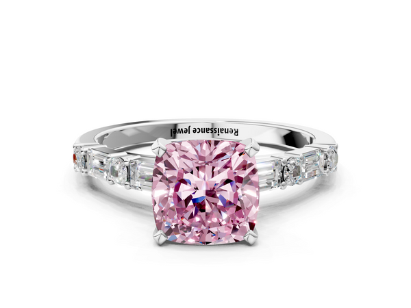 Platinum Fancy Pink Cushion Cut Diamond Solitaire with Side Baguettes and Channel Set Band