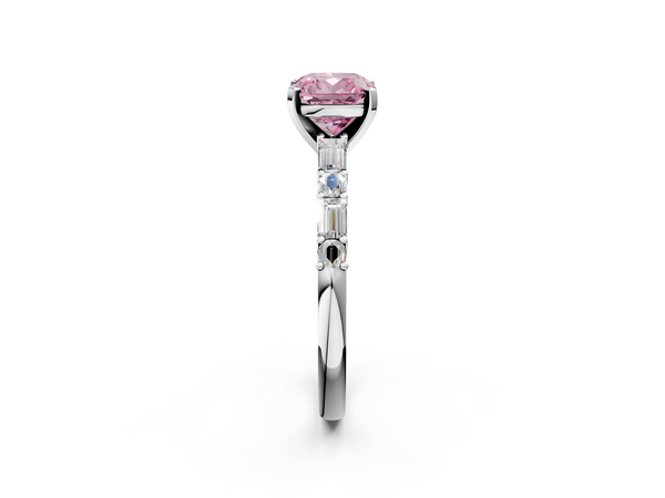 Platinum Fancy Pink Cushion Cut Diamond Solitaire with Side Baguettes and Channel Set Band