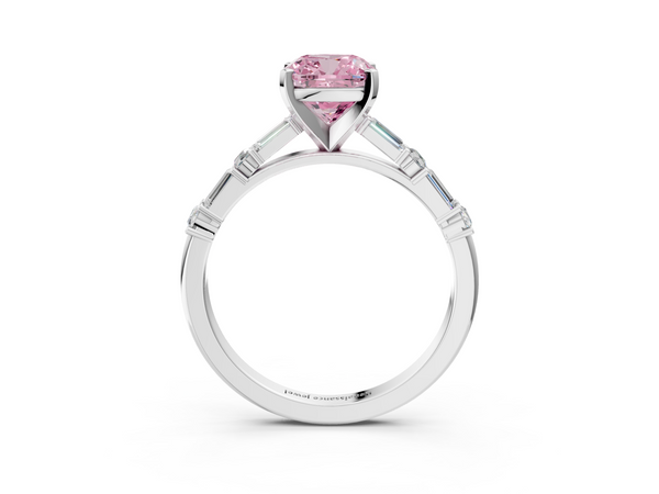 Platinum Fancy Pink Cushion Cut Diamond Solitaire with Side Baguettes and Channel Set Band