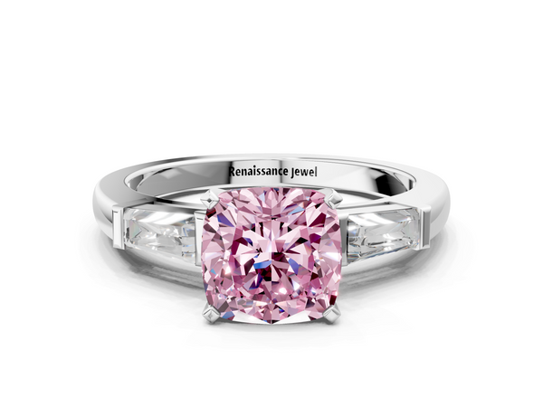 White gold Fancy Pink Cushion  Solitaire with Tapered Baguette Side Stones on a Classic Band with Four-Prong Setting