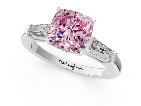 White gold Fancy Pink Cushion  Solitaire with Tapered Baguette Side Stones on a Classic Band with Four-Prong Setting