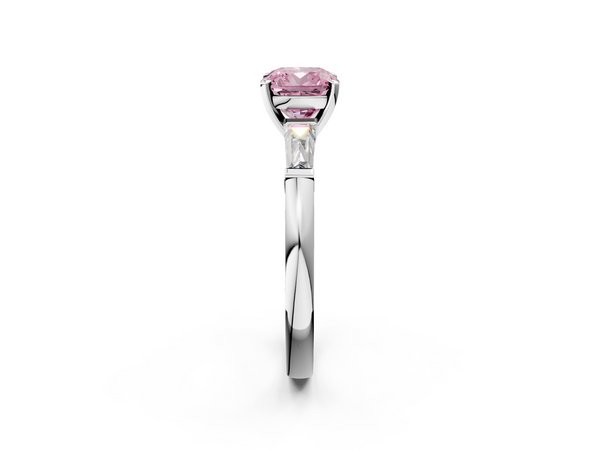 White gold Fancy Pink Cushion  Solitaire with Tapered Baguette Side Stones on a Classic Band with Four-Prong Setting