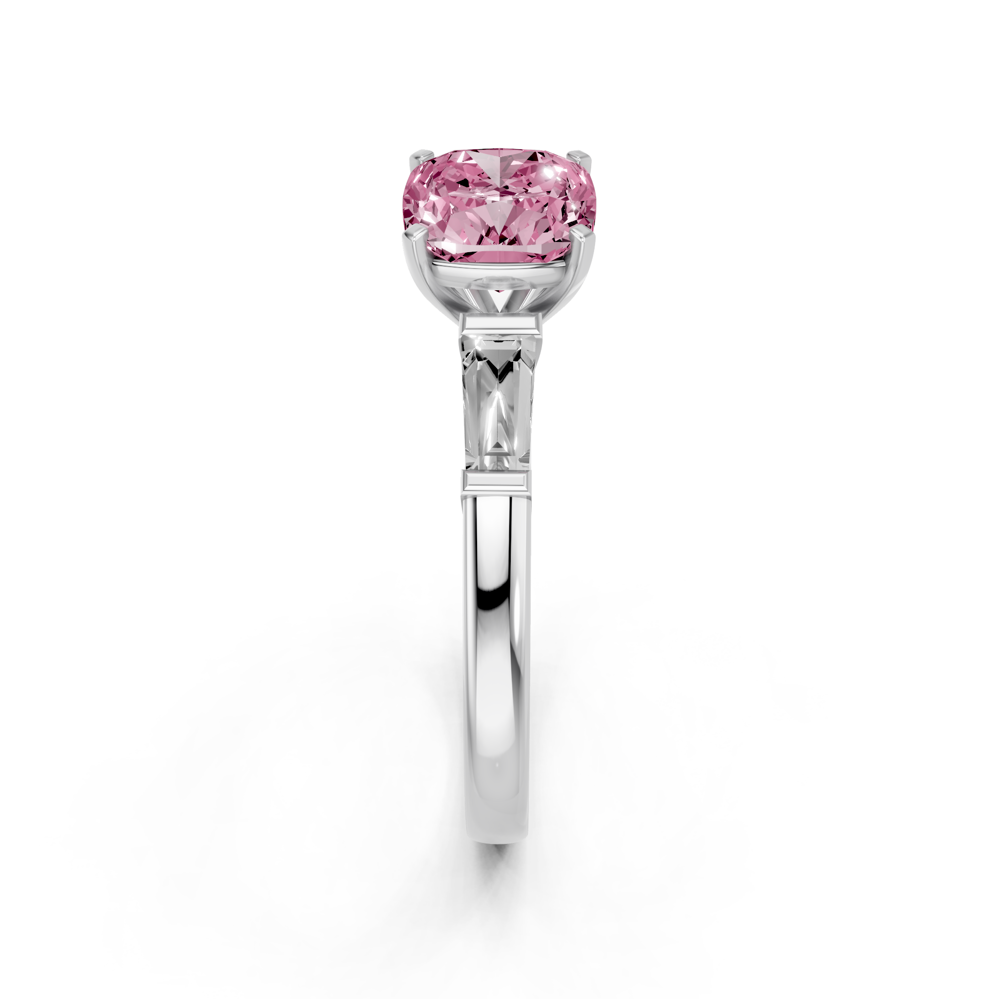 White gold Fancy Pink Cushion  Solitaire with Tapered Baguette Side Stones on a Classic Band with Four-Prong Setting_1