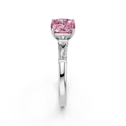White gold Fancy Pink Cushion  Solitaire with Tapered Baguette Side Stones on a Classic Band with Four-Prong Setting_1