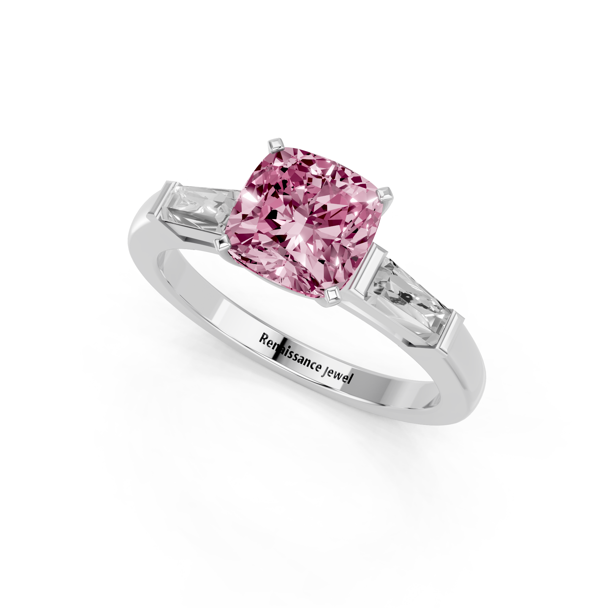 White gold Fancy Pink Cushion  Solitaire with Tapered Baguette Side Stones on a Classic Band with Four-Prong Setting