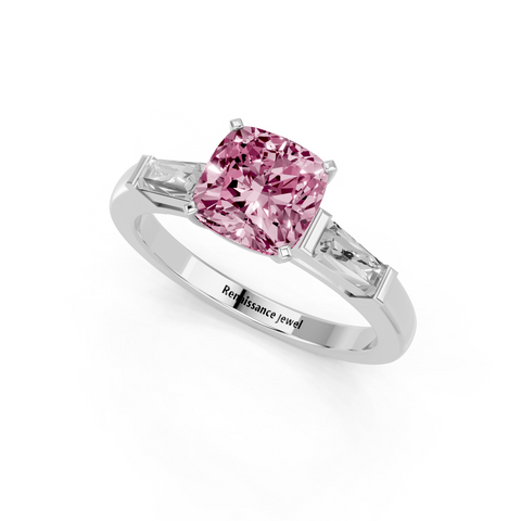 White gold Fancy Pink Cushion  Solitaire with Tapered Baguette Side Stones on a Classic Band with Four-Prong Setting
