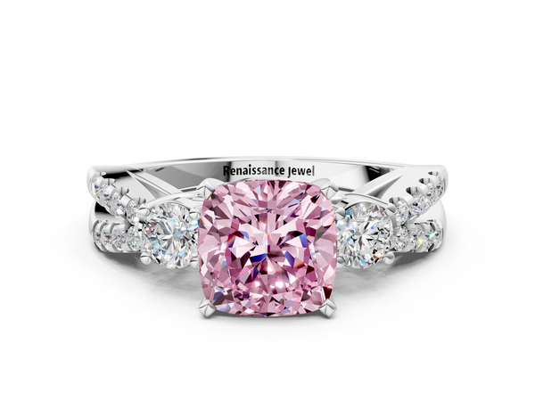 White gold Fancy Pink Cushion Cut Diamond Three-Stone Ring with Pavé Split Shank and Four-Prong Setting