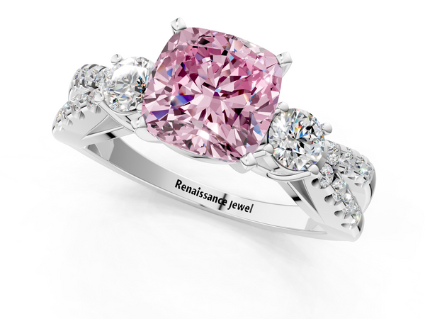 White gold Fancy Pink Cushion Cut Diamond Three-Stone Ring with Pavé Split Shank and Four-Prong Setting