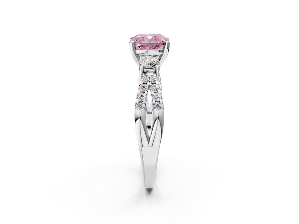 White gold Fancy Pink Cushion Cut Diamond Three-Stone Ring with Pavé Split Shank and Four-Prong Setting