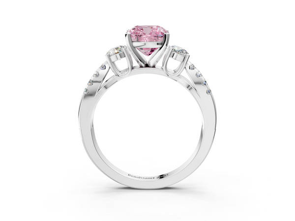 White gold Fancy Pink Cushion Cut Diamond Three-Stone Ring with Pavé Split Shank and Four-Prong Setting