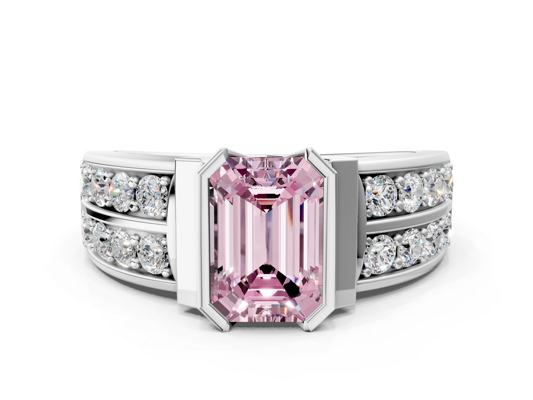 White gold Fancy Pink Emerald  Brilliant Diamond Channel Set Wide Band Ring with Bezel Setting_20