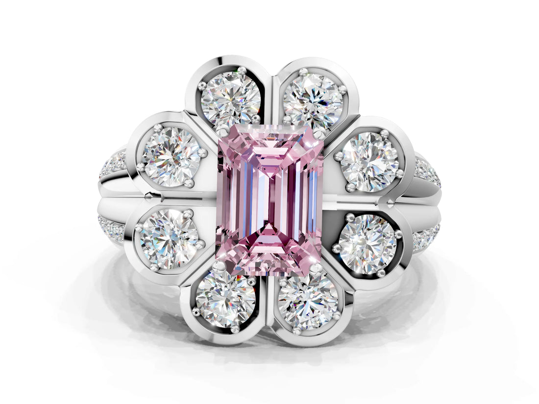 White gold Fancy Pink Emerald  Brilliant Flower Halo Diamond Split Shank Ring_117