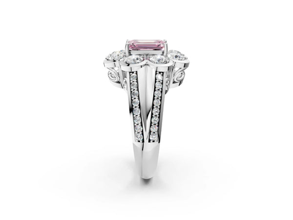 Platinum Fancy Pink Emerald  Brilliant Flower Halo Diamond Split Shank Ring