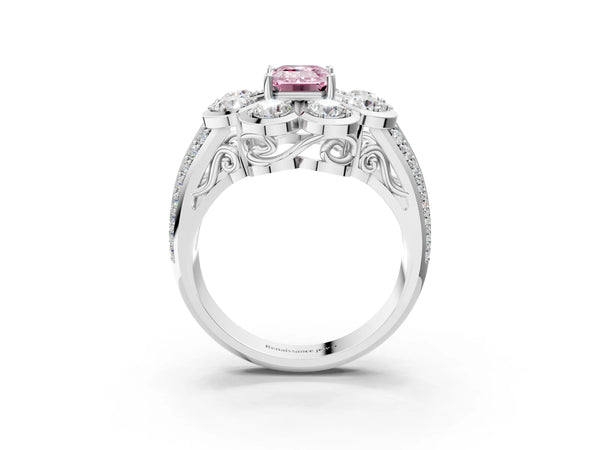 Platinum Fancy Pink Emerald  Brilliant Flower Halo Diamond Split Shank Ring