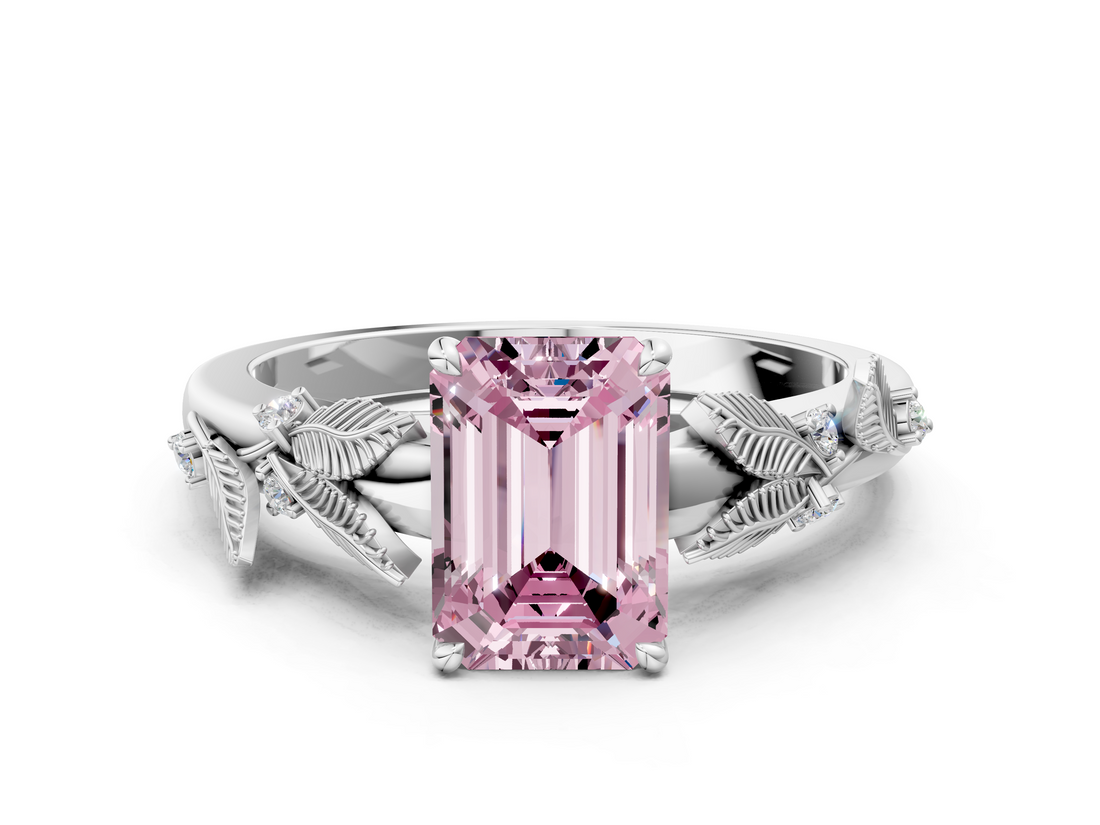 White gold Fancy Pink Emerald  Brilliant Solitaire with Leaf Motif Band and Four-Prong Setting_62