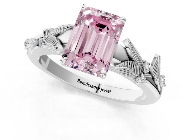 Platinum Fancy Pink Emerald Cut Diamond Solitaire Ring with Leaf Motif Band and Four-Prong Setting