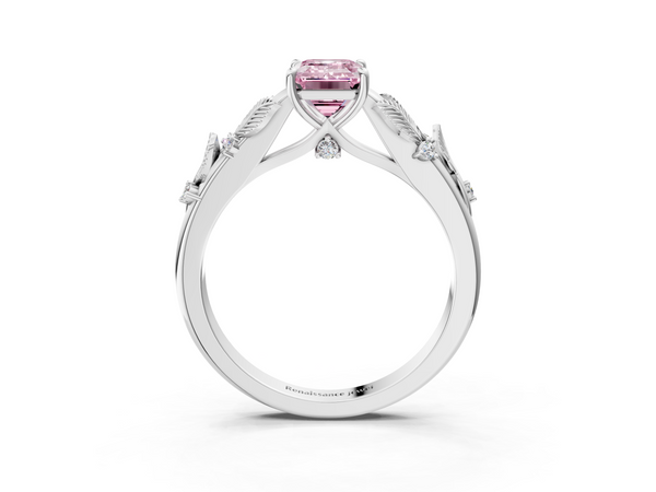 Platinum Fancy Pink Emerald Cut Diamond Solitaire Ring with Leaf Motif Band and Four-Prong Setting
