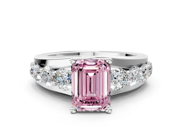 White gold Fancy Pink Emerald  Brilliant Solitaire with Side Stones on a Pave Band and Four-Prong Setting