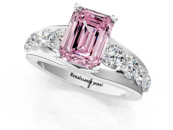 White gold Fancy Pink Emerald  Brilliant Solitaire with Side Stones on a Pave Band and Four-Prong Setting