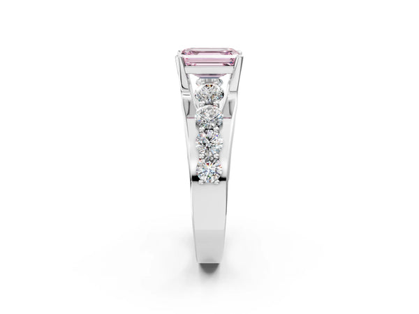 White gold Fancy Pink Emerald  Brilliant Solitaire with Side Stones on a Pave Band and Four-Prong Setting