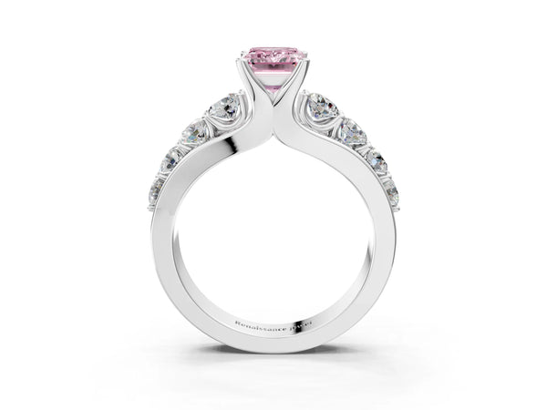 White gold Fancy Pink Emerald  Brilliant Solitaire with Side Stones on a Pave Band and Four-Prong Setting
