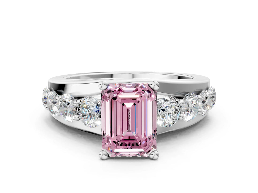 White gold Fancy Pink Emerald  Brilliant Solitaire with Side Stones on a Pave Band and Four-Prong Setting_61