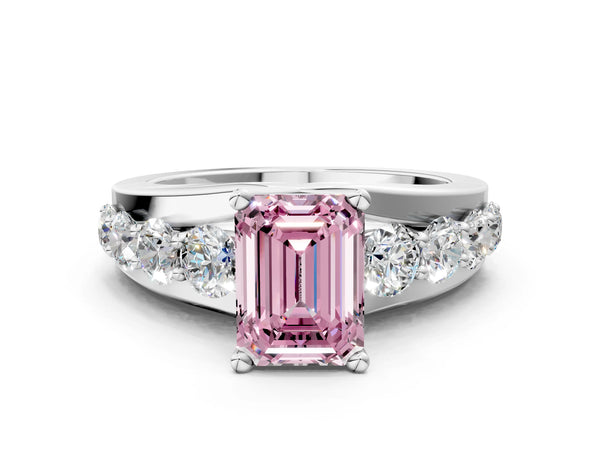 White gold Fancy Pink Emerald  Brilliant Solitaire with Side Stones on a Pave Band and Four-Prong Setting
