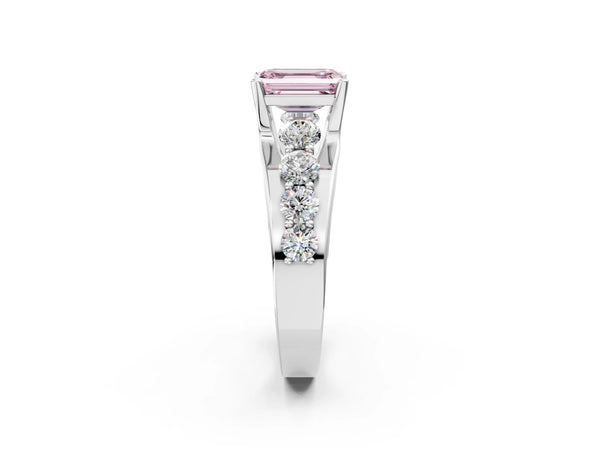 White gold Fancy Pink Emerald  Brilliant Solitaire with Side Stones on a Pave Band and Four-Prong Setting
