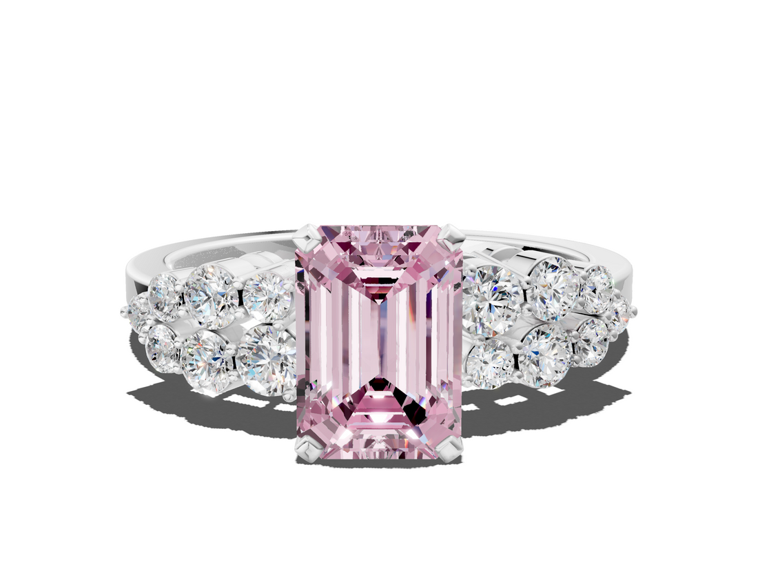 White gold Fancy Pink Emerald  Cluster Diamond Engagement Ring with Pavé Band and Four-Prong Setting_61