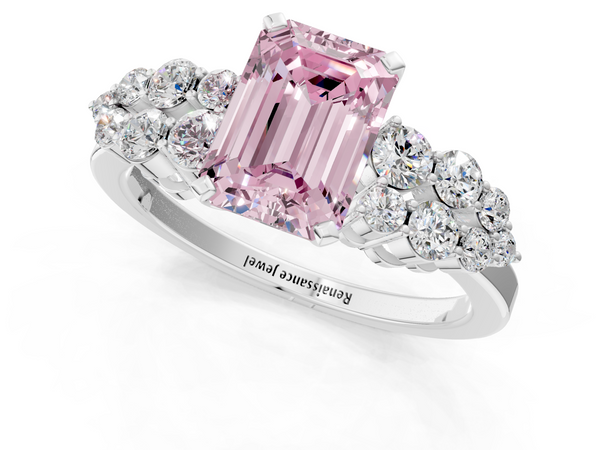 White gold Fancy Pink Emerald  Cluster Diamond Engagement Ring with Pavé Band and Four-Prong Setting