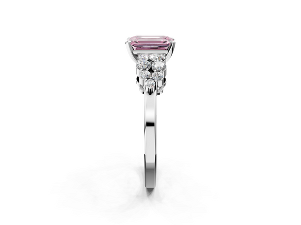 White gold Fancy Pink Emerald  Cluster Diamond Engagement Ring with Pavé Band and Four-Prong Setting