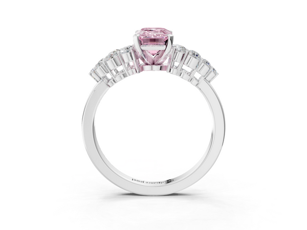 White gold Fancy Pink Emerald  Cluster Diamond Engagement Ring with Pavé Band and Four-Prong Setting