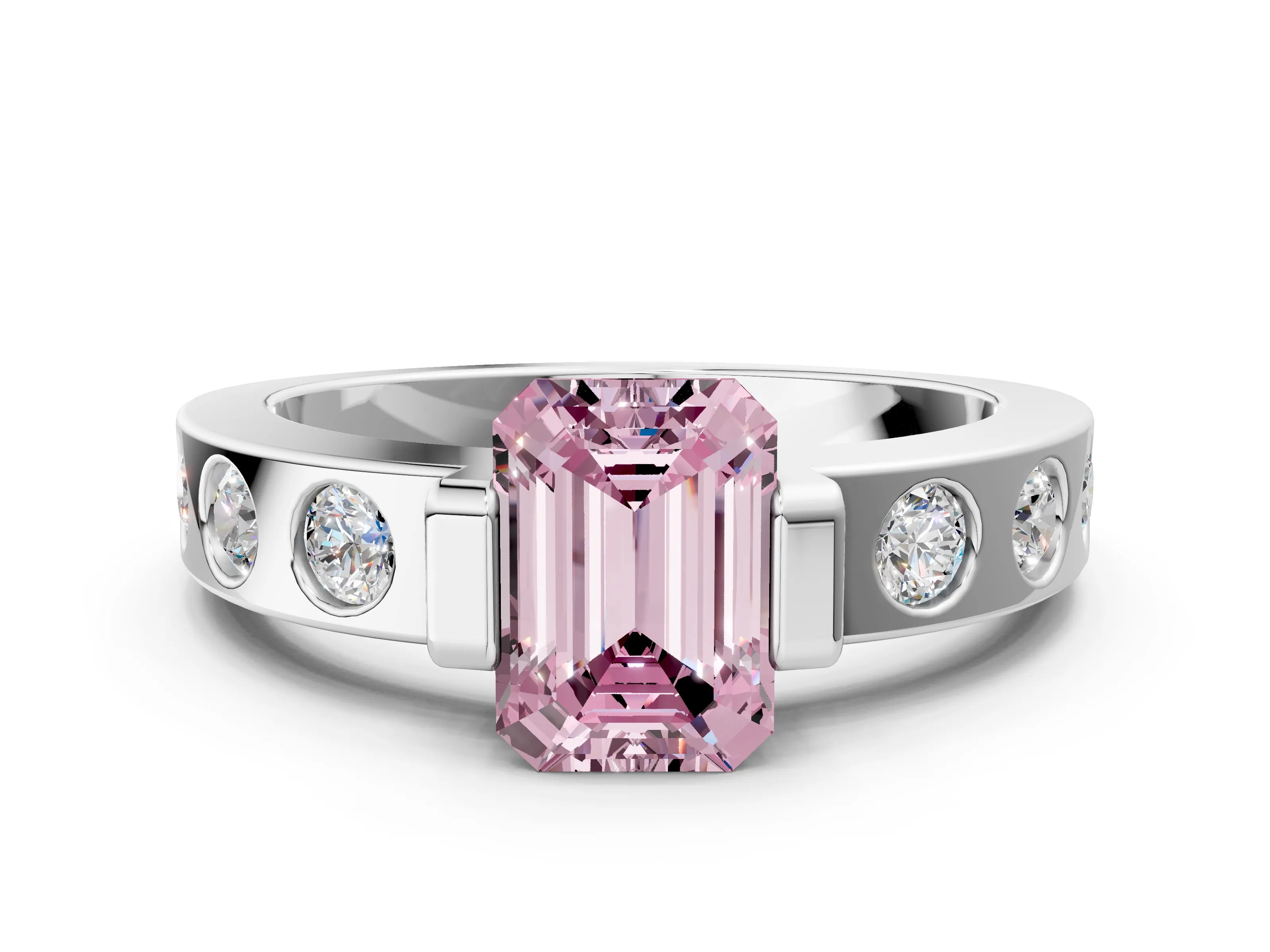 White gold Fancy Pink Emerald Cut Brilliant Channel-Set Diamond Ring with Bezel Prong Setting_12