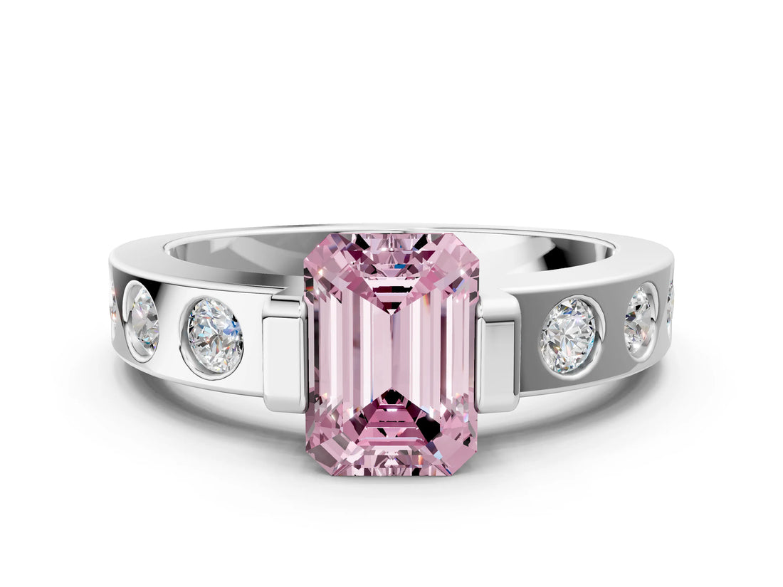 White gold Fancy Pink Emerald Cut Brilliant Channel-Set Diamond Ring with Bezel Prong Setting_12