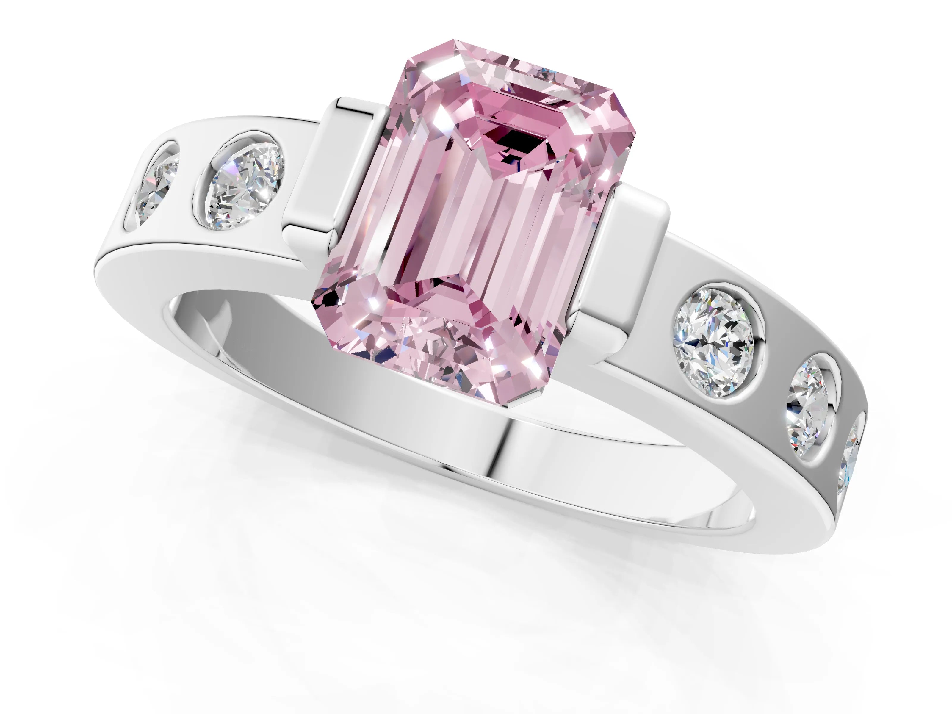 White gold Fancy Pink Emerald Cut Brilliant Channel-Set Diamond Ring with Bezel Prong Setting_13