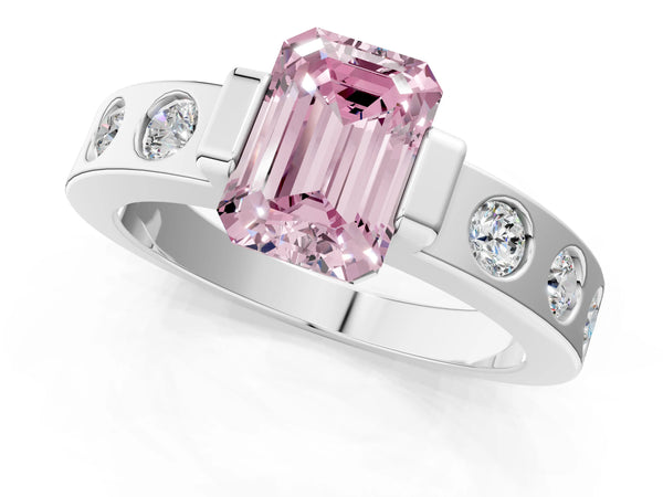 White gold Fancy Pink Emerald Cut Brilliant Channel-Set Diamond Ring with Bezel Prong Setting