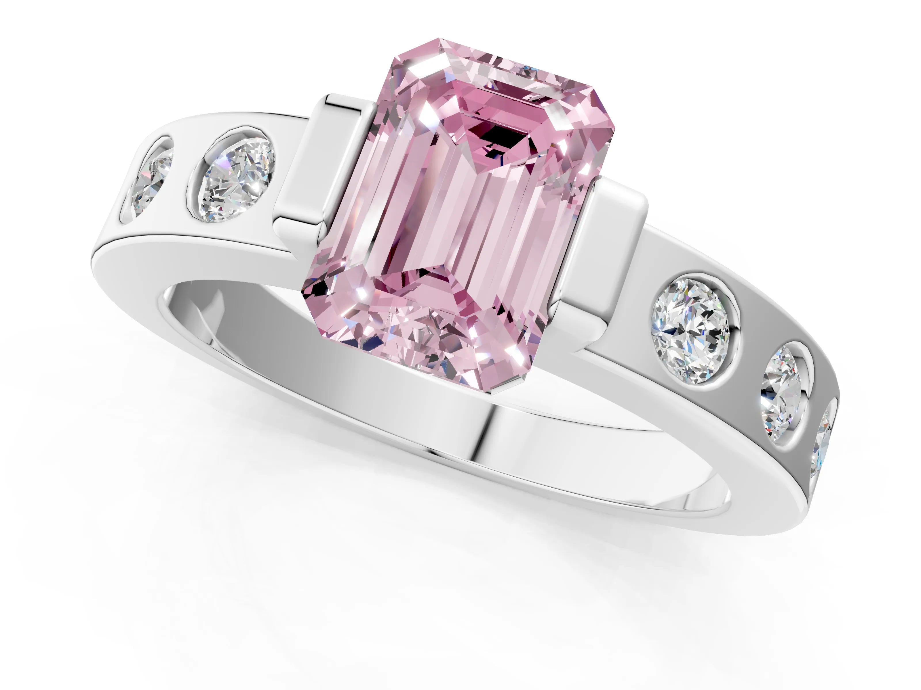 White gold Fancy Pink Emerald Cut Brilliant Channel-Set Diamond Ring with Bezel Prong Setting_1
