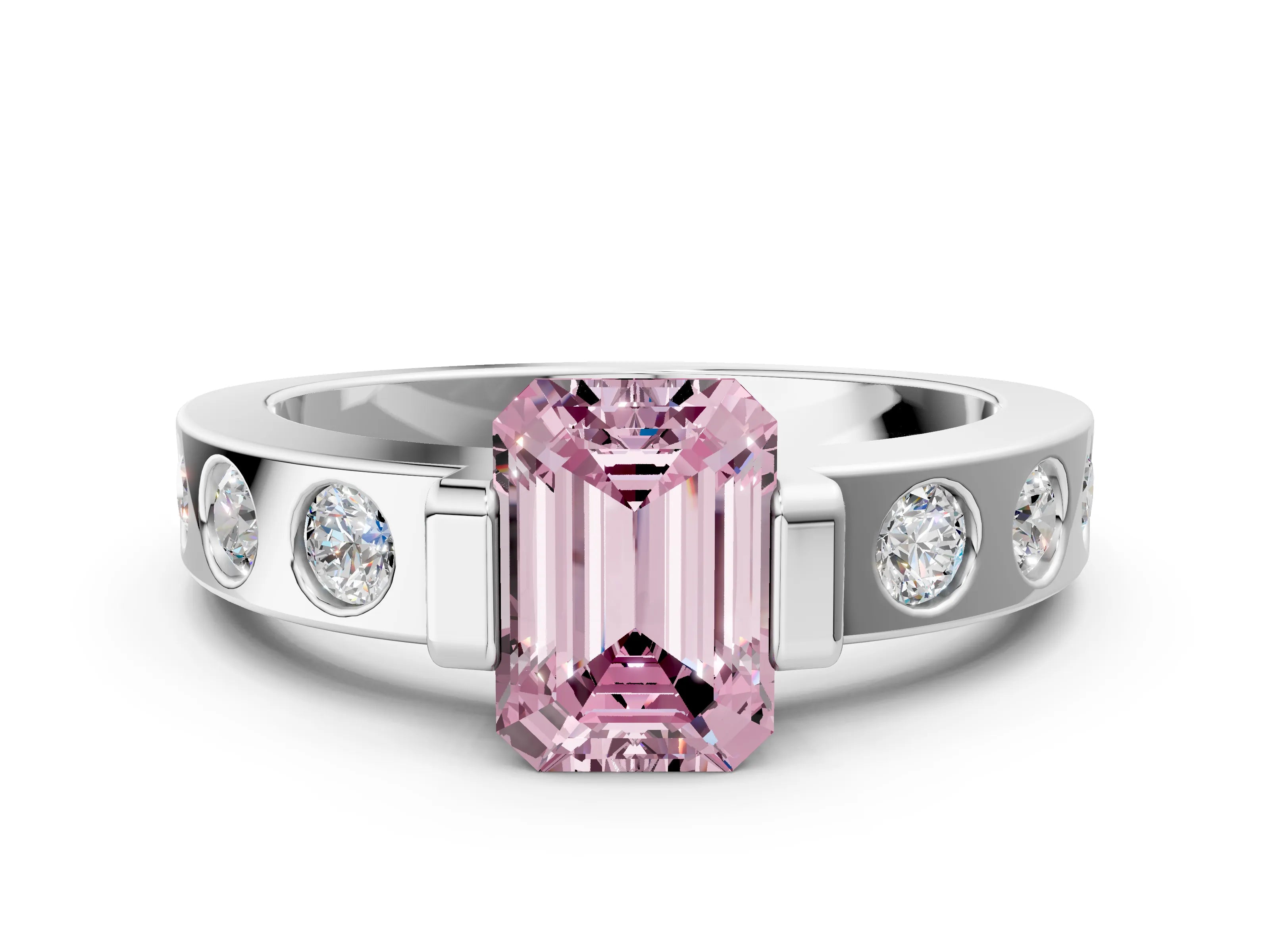 White gold Fancy Pink Emerald Cut Brilliant Channel-Set Diamond Ring with Bezel Prong Setting