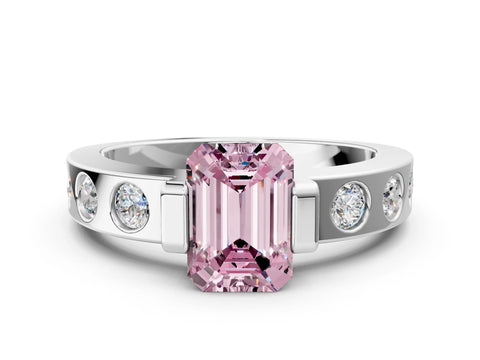 White gold Fancy Pink Emerald Cut Brilliant Channel-Set Diamond Ring with Bezel Prong Setting